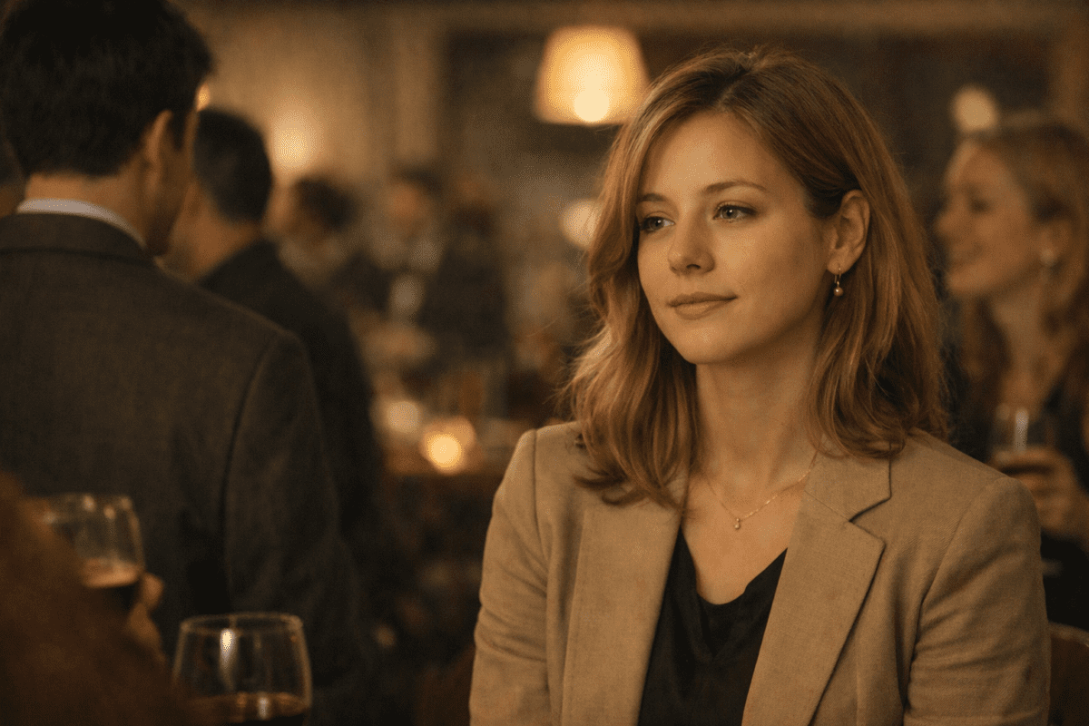 Woman at social gathering, fear of being seen, smiling on the outside but distant on the inside