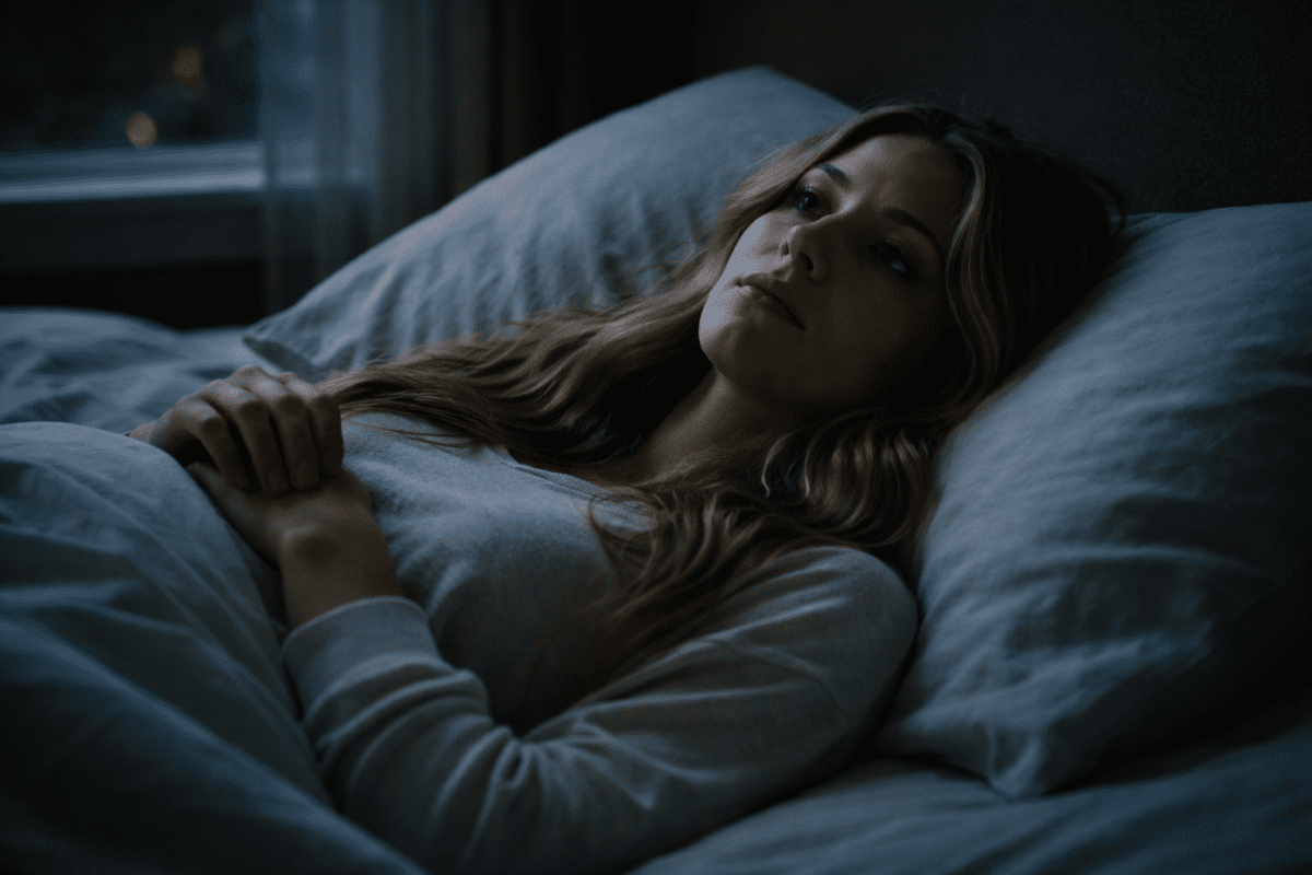 burnout rest doesn't help — woman lying awake at night, nervous system still running