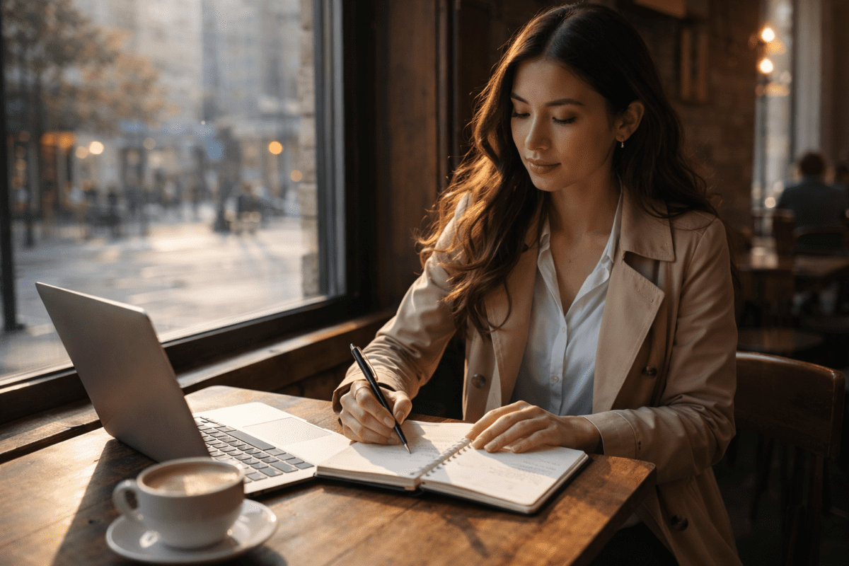 how to use K-Saju — woman mapping her cycle at a café