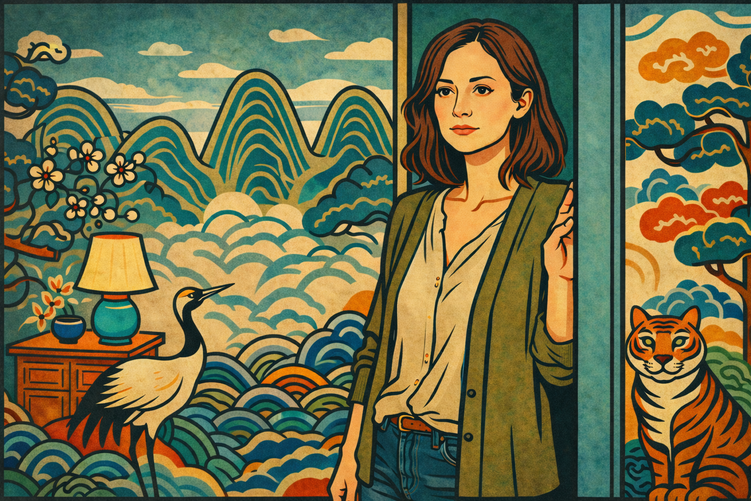 Minhwa style woman standing in doorway with crane and tiger — type you keep almost choosing