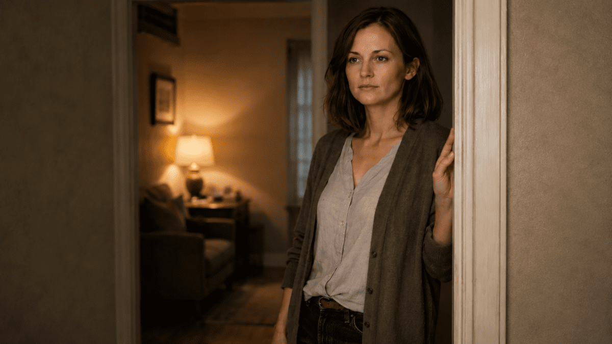 Woman standing in doorway hand on frame not stepping inside — almost relationship pattern