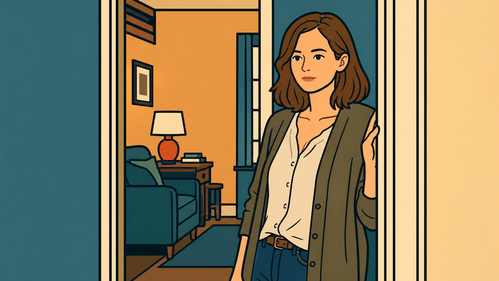 Woman standing in doorway hand on frame not stepping inside — almost relationship pattern