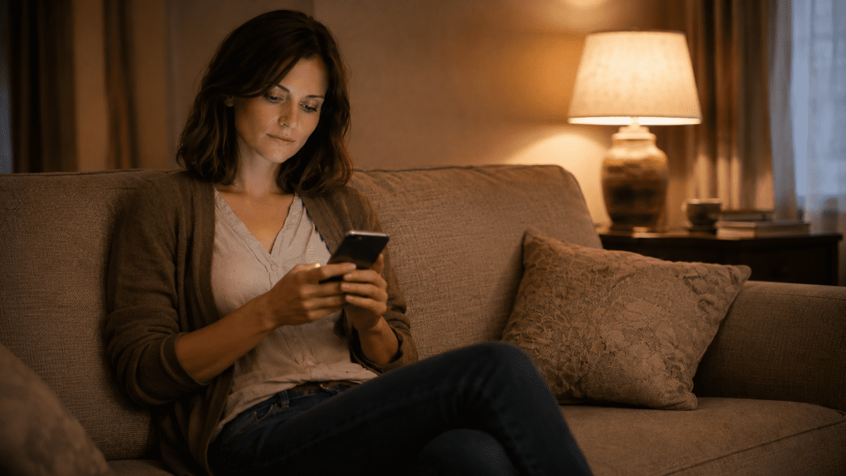 Woman on couch checking phone at night — almost relationship pattern waiting