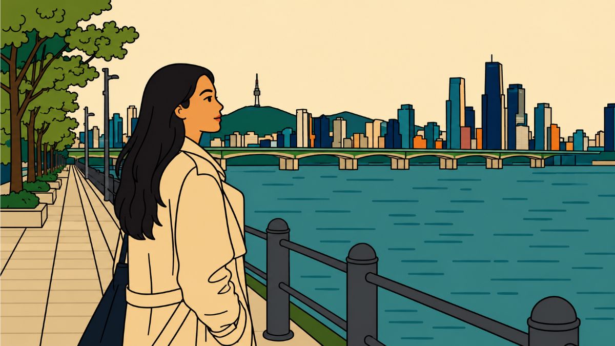astrology transit timing — Hispanic woman at Han River Seoul skyline, modern minhwa style thumbnail, two timing systems one moment