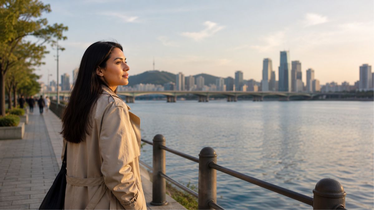 astrology transit timing — Hispanic woman standing at Han River Seoul overlooking city skyline, two timing systems one moment