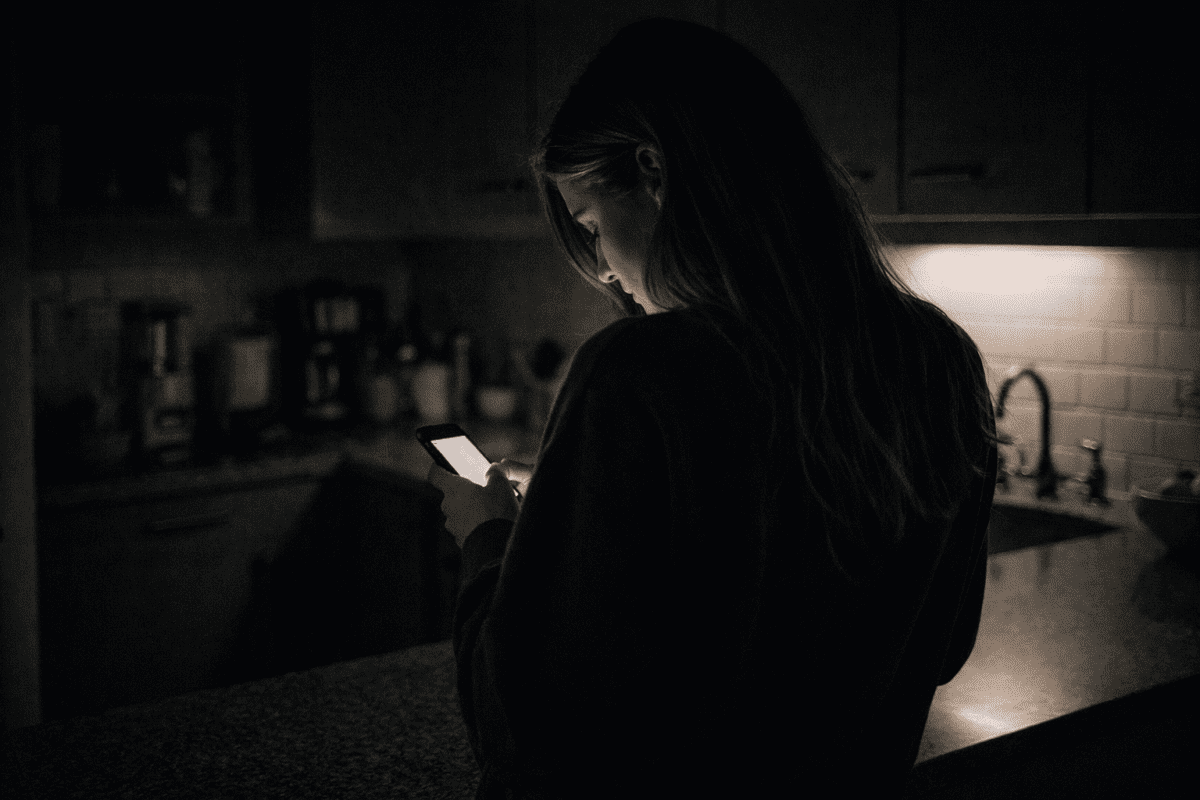 avoiding bank account woman standing in dark kitchen looking at phone screen glow cinematic