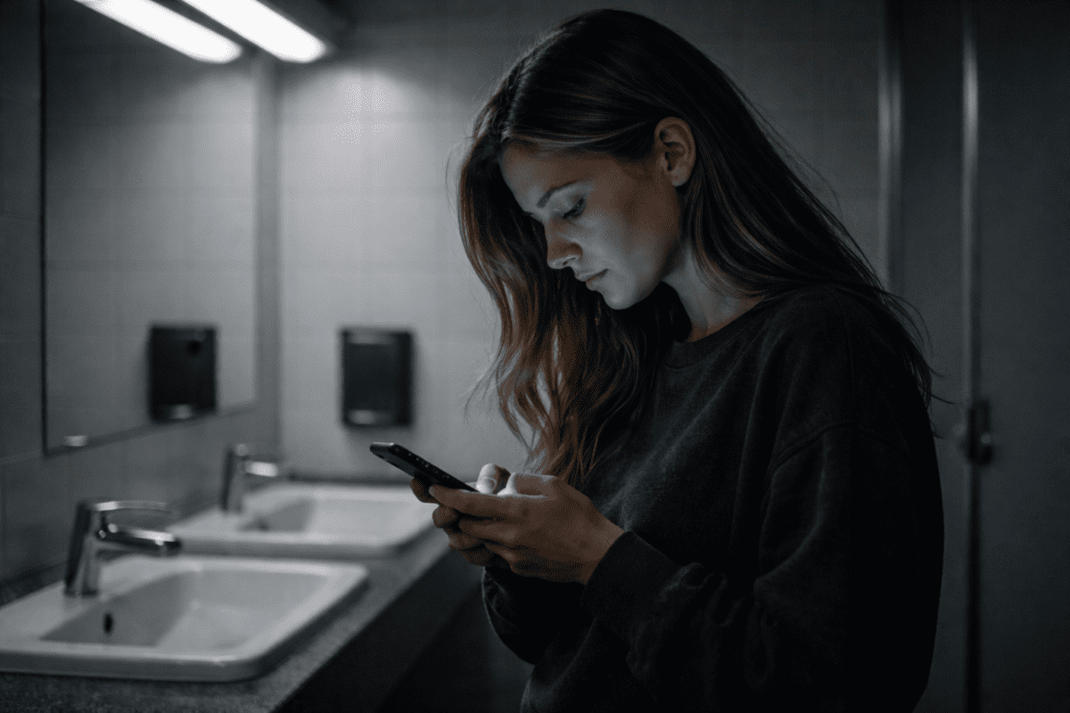avoiding bank account — woman checking phone in office bathroom, fluorescent light, cinematic