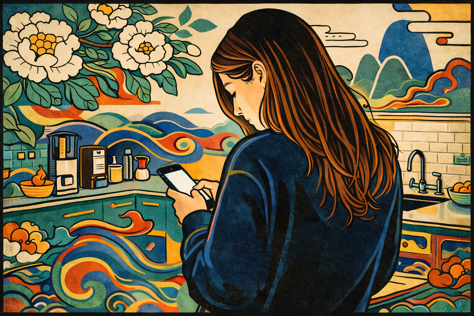 avoiding bank account Korean minhwa style woman dark kitchen phone night