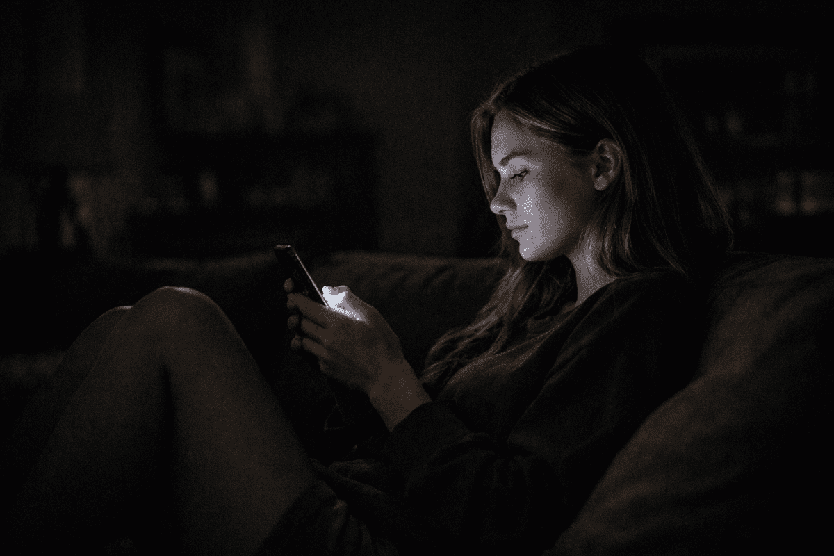 avoiding bank account — woman on sofa at night, phone screen glow, payday anxiety, cinematic