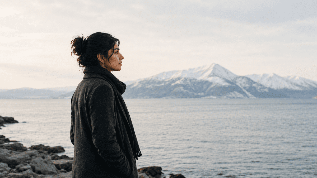 Water element K-Saju — woman standing at the edge of a still winter sea facing snow-capped mountains