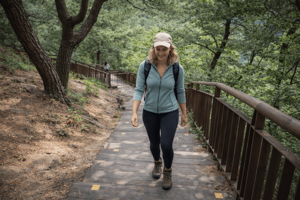 Bugaksan trail — hiker climbing Seoul fortress wall steps