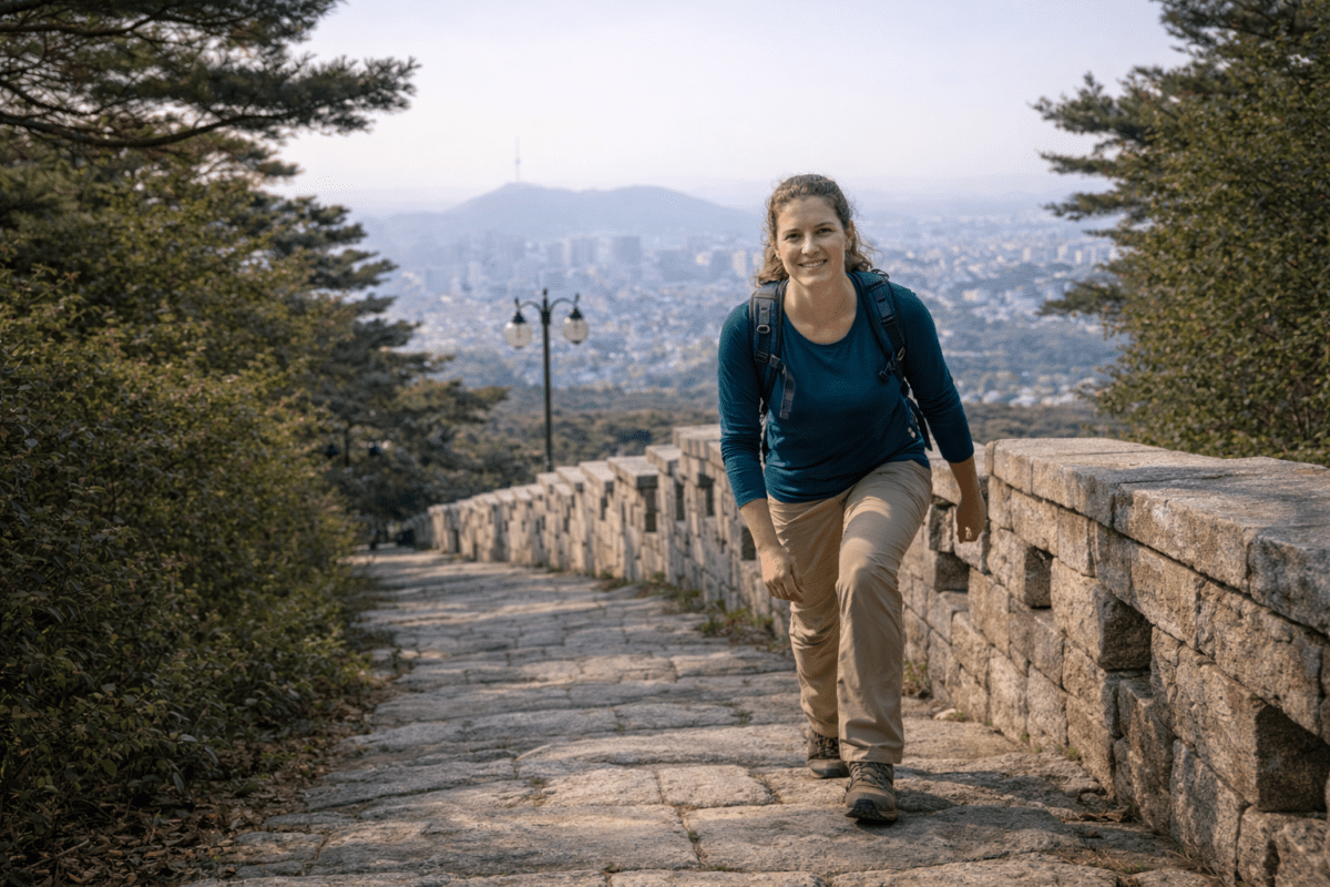 Bukhansan hiking — hiker climbing Seoul fortress wall trail with city view