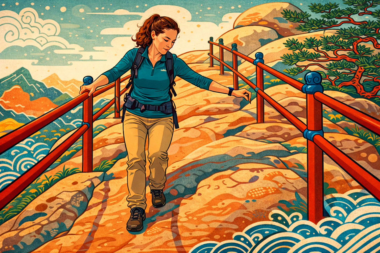 Bukhansan hiking — hiker descending granite peak Korean minhwa style