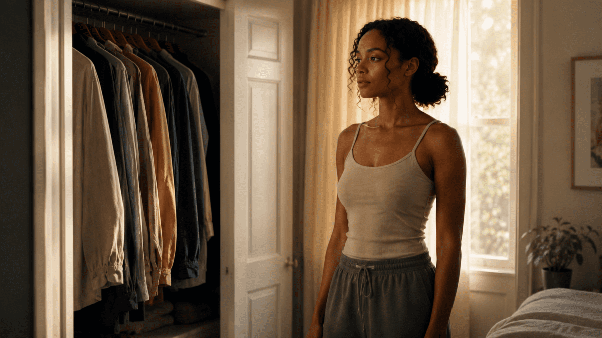 Burnout losing yourself moment as a woman stands silently before an open wardrobe, unable to connect with her preferences or sense of self.