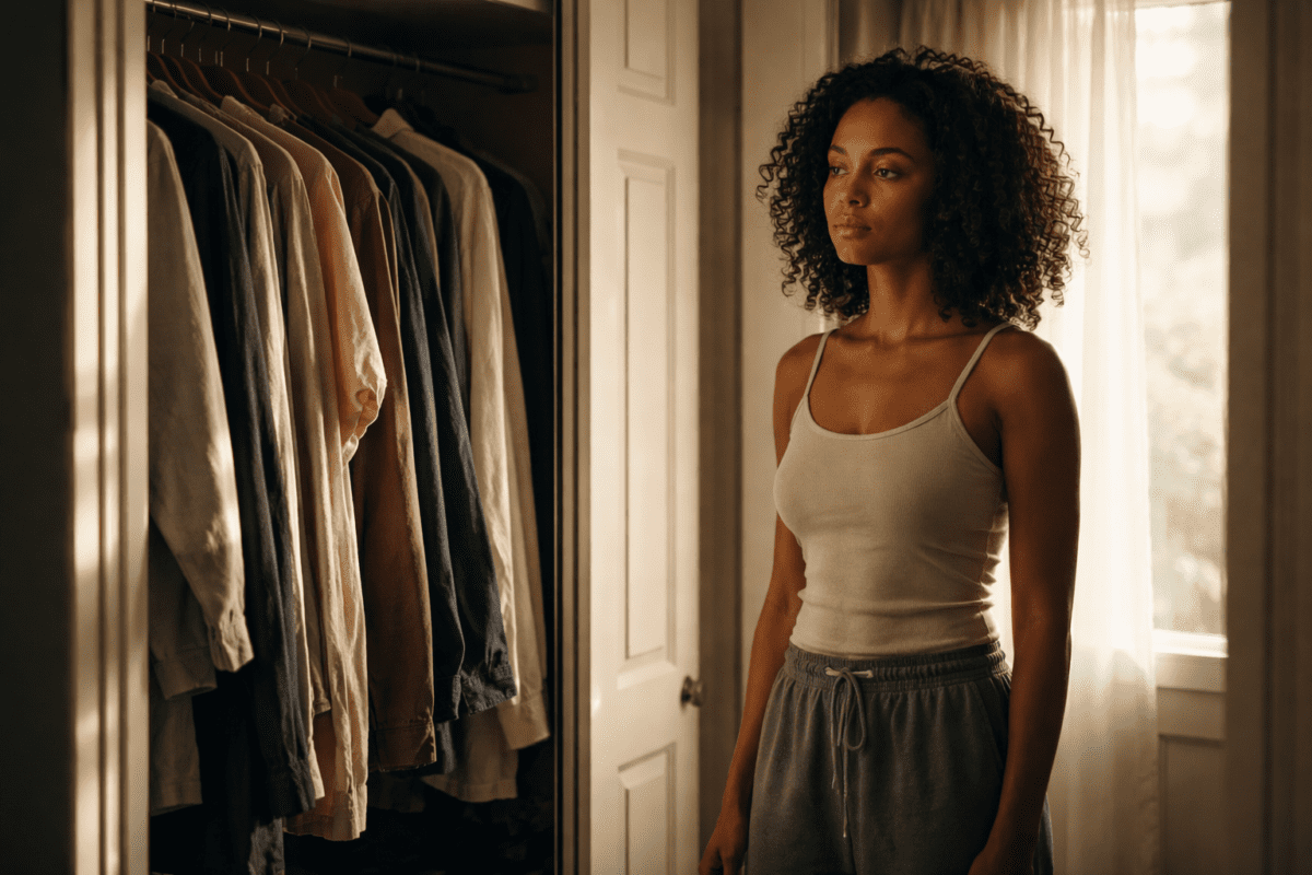 burnout losing yourself — Black woman standing at open wardrobe unable to choose, morning light