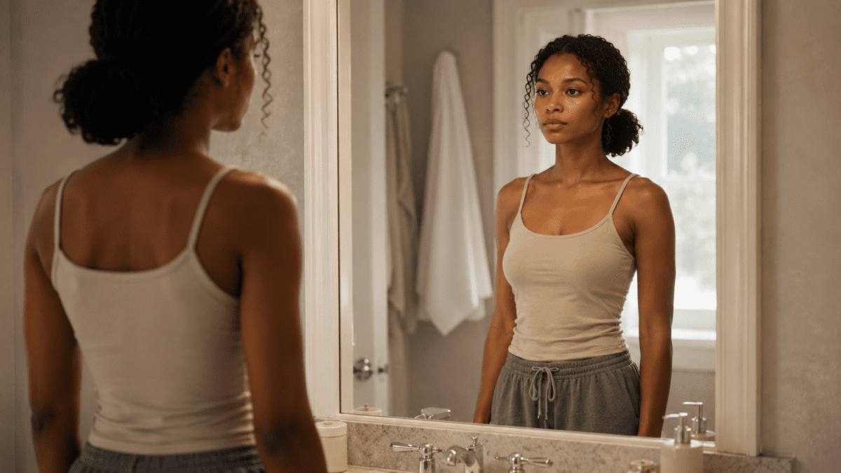 Burnout losing yourself reflected in a woman staring at her mirror image, searching for the version of herself that feels distant and unfamiliar.