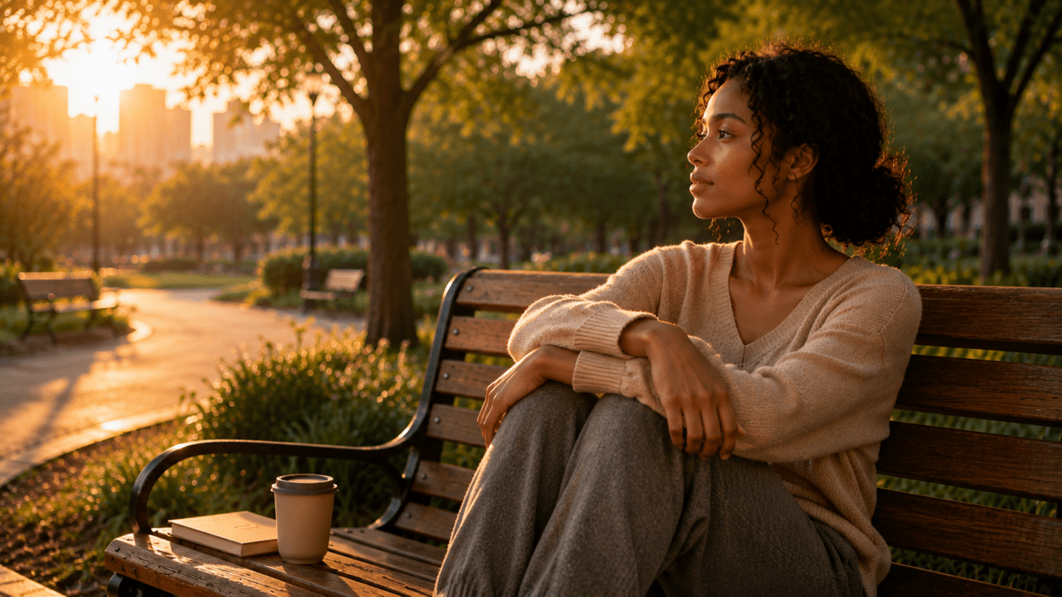 Burnout losing yourself recovery journey as a woman sits quietly in a peaceful park, reconnecting with herself in a safe and calm moment.