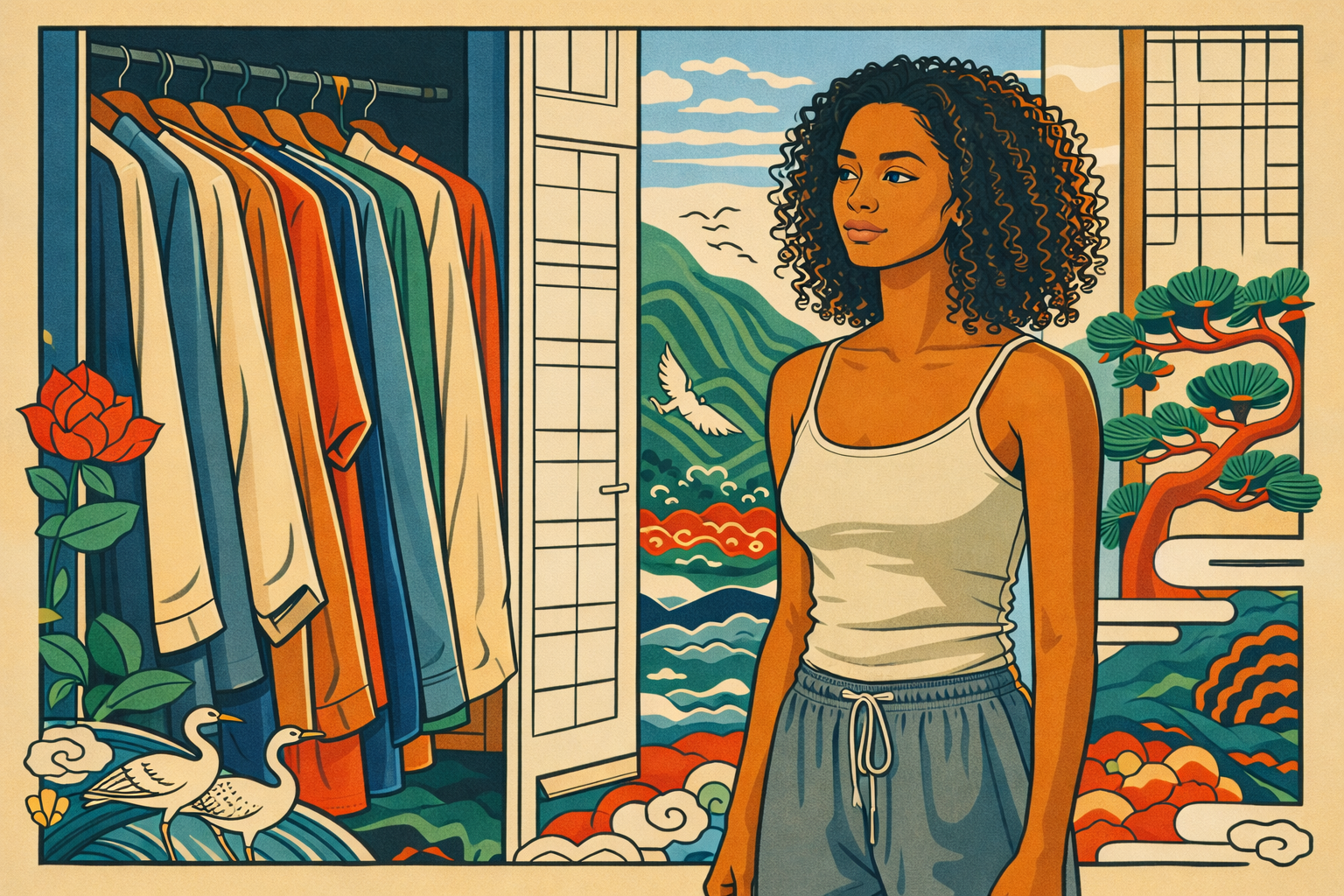 burnout losing yourself — Korean folk art illustration of woman standing alone at a crossroads