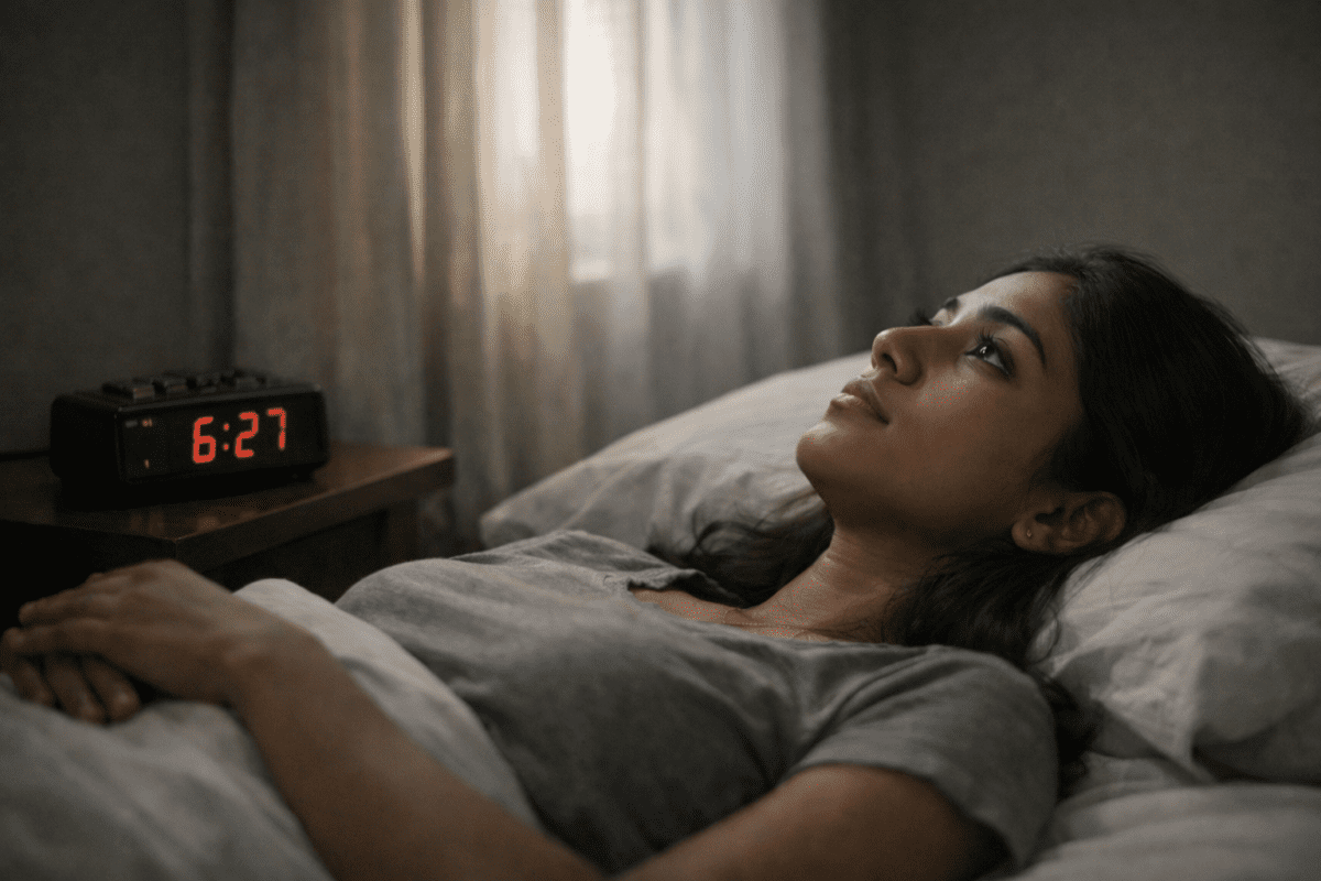 burnout can't get out of bed — Indian woman lying still staring at ceiling at 6:27 am