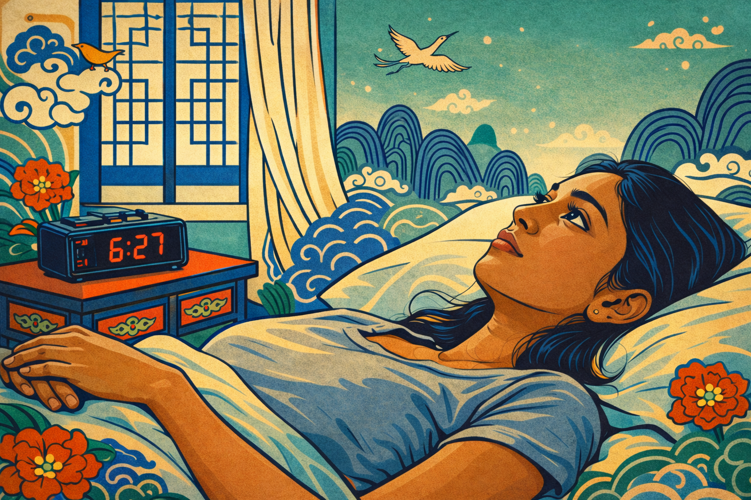 burnout can't get out of bed — Korean folk art illustration of woman lying in bed at 6:27 am