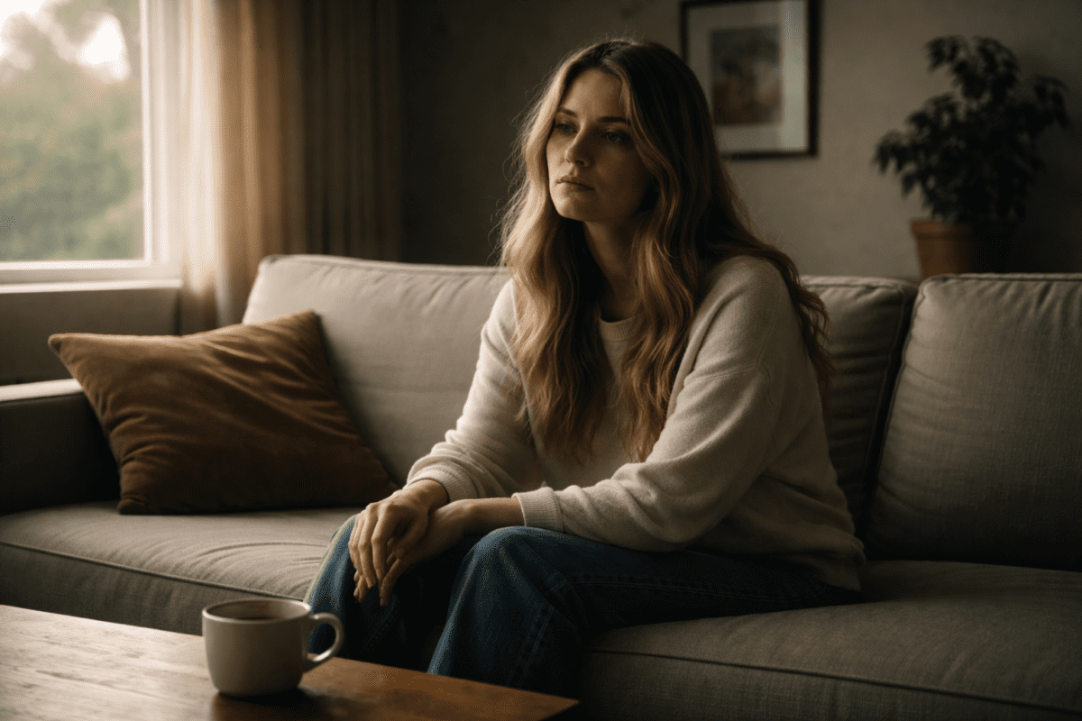 burnout rest doesn't help — white woman sitting on sofa staring blankly at window, untouched coffee on table