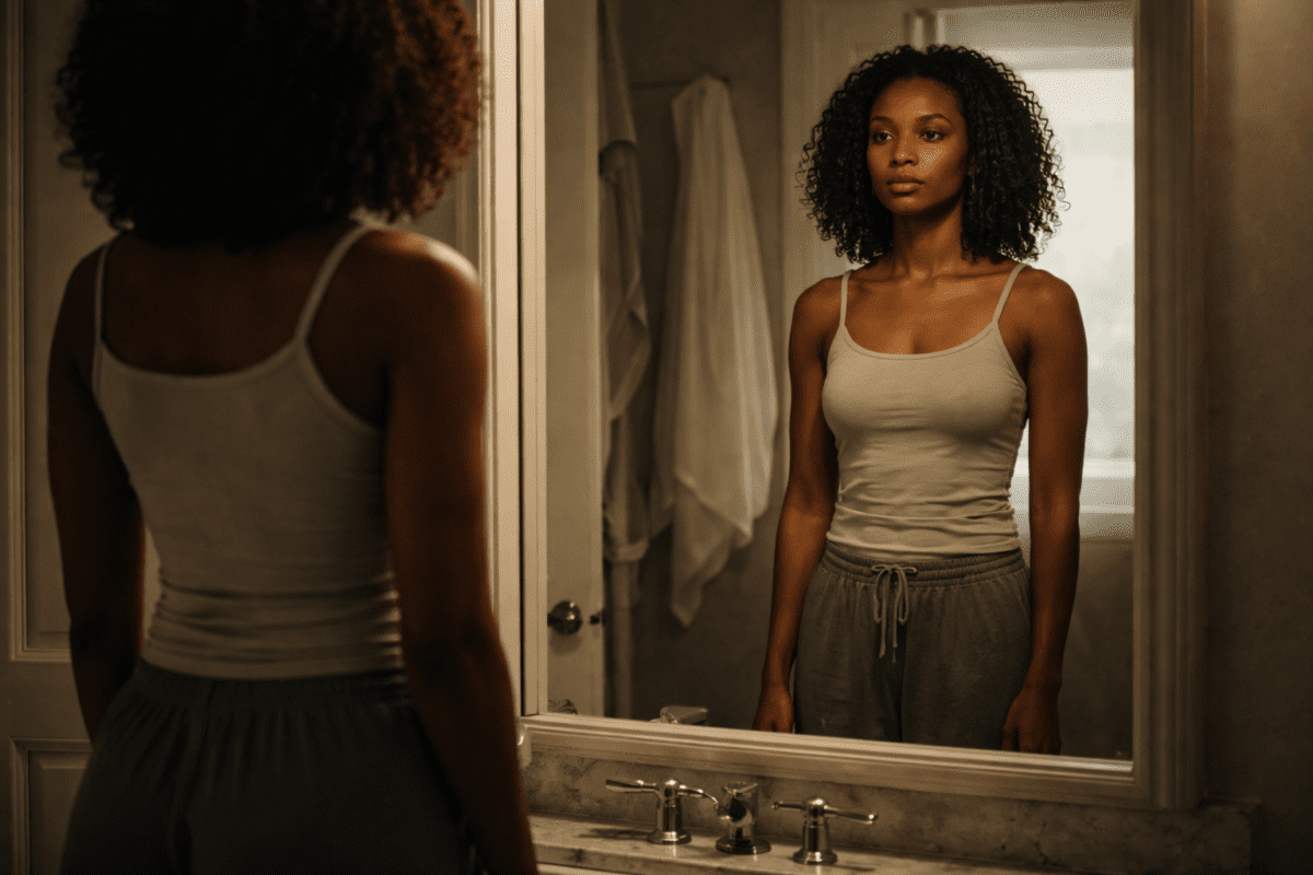 burnout losing yourself — Black woman standing at mirror not seeing herself
