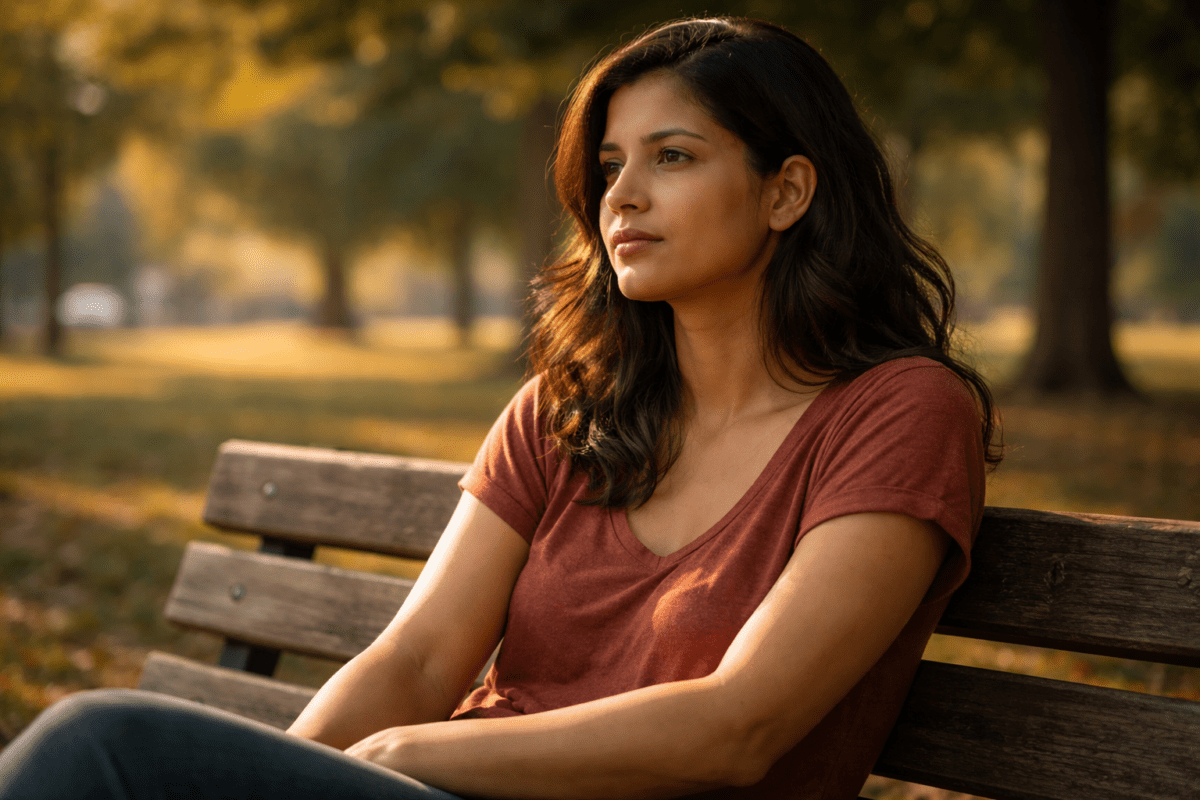 burnout recovery feels wrong — Latina woman walking in park with earphones, something finally landing.