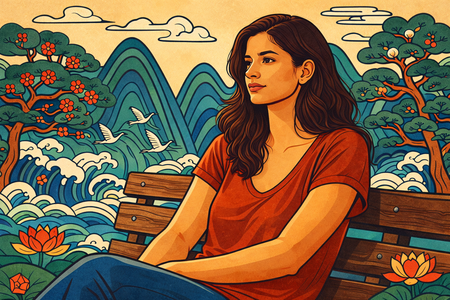 burnout recovery feels wrong — Korean Minhwa illustration of woman sitting on park bench in sunlight