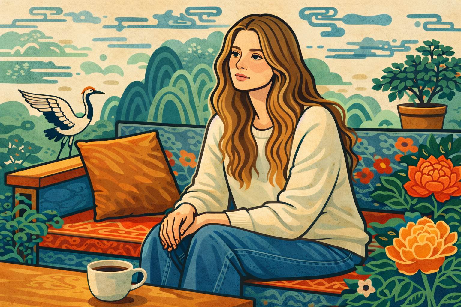 burnout rest doesn't help — Korean folk art illustration of woman sitting alone unable to recover