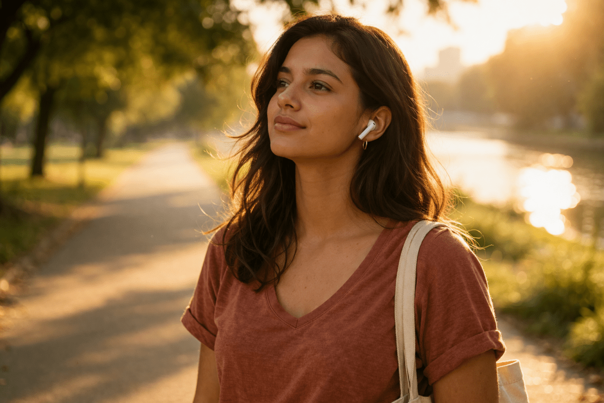 burnout recovery feels wrong — Latina woman in park, something small returning, earphones in