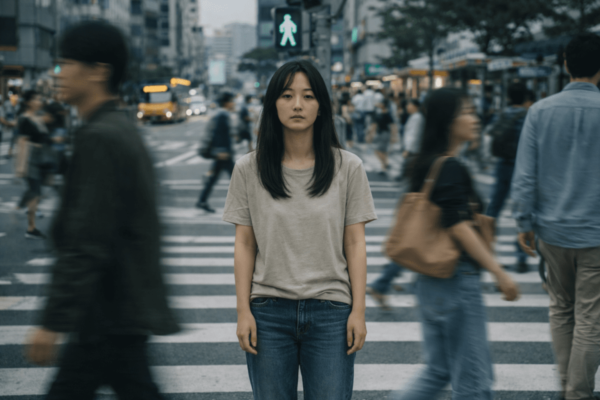 burnout warning signs — East Asian woman frozen at crosswalk as crowd moves around her