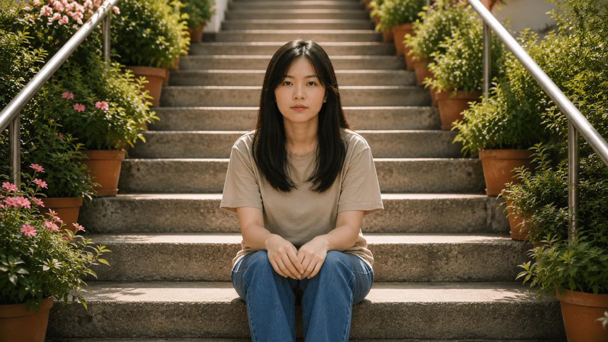 East Asian woman sitting alone on stone steps, reflecting early burnout warning signs and emotional fatigue beneath a calm exterior.