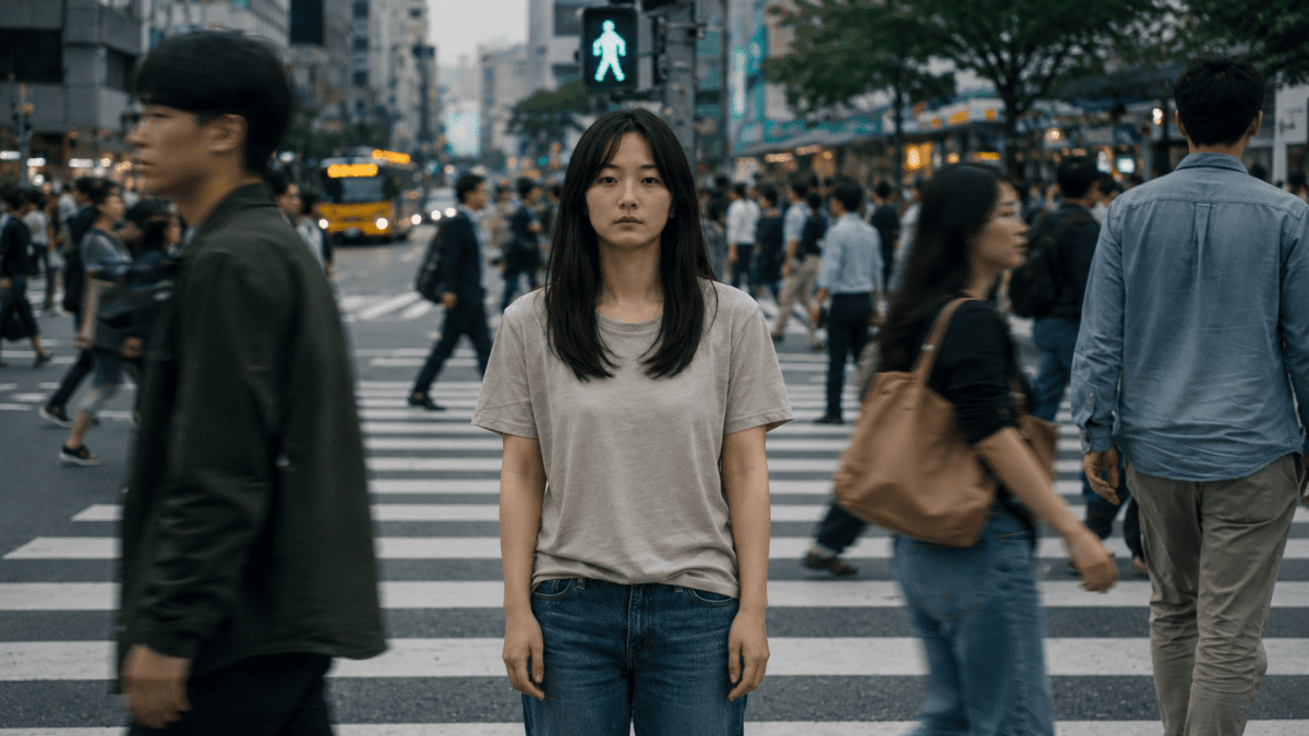 East Asian woman standing still at a crowded city crosswalk as blurred pedestrians pass by, symbolizing burnout warning signs, emotional overload, and mental fatigue.