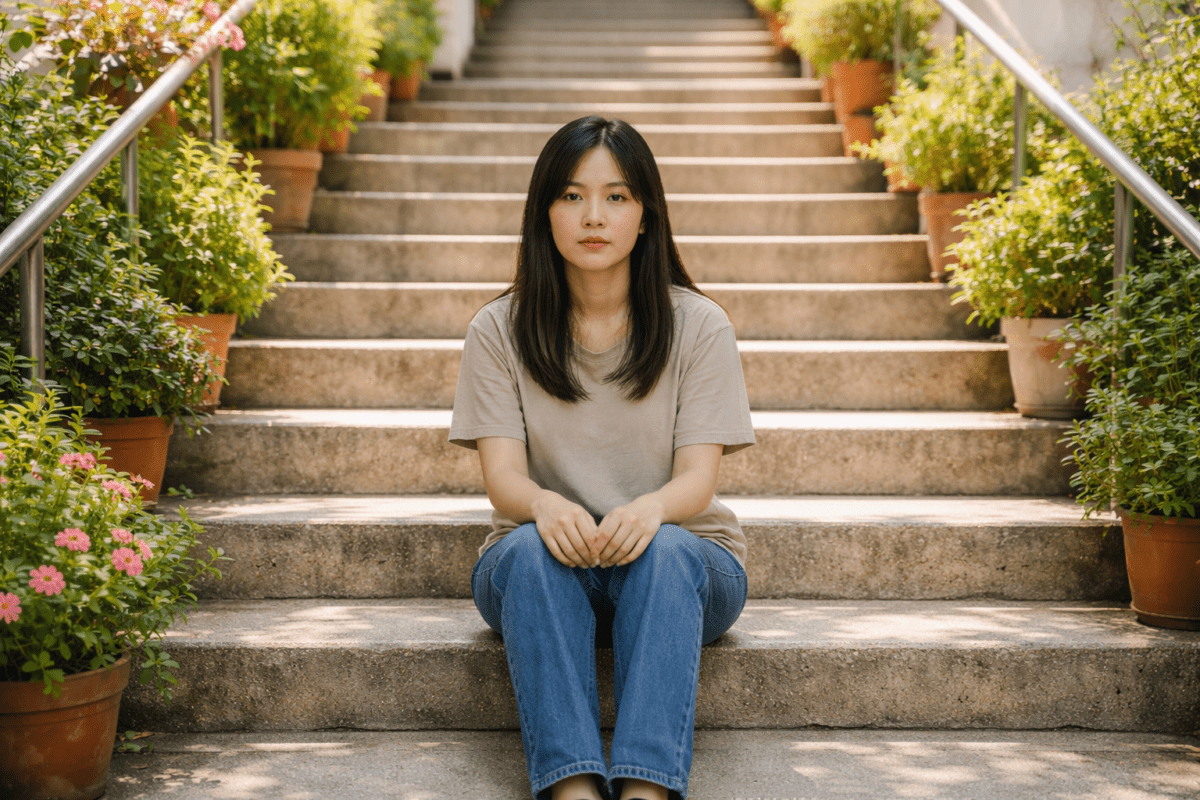 burnout warning signs — East Asian woman sitting alone on stairs unable to move