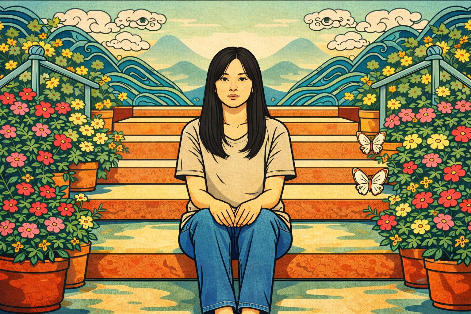 burnout warning signs — Korean Minhwa illustration of woman sitting alone on stairs