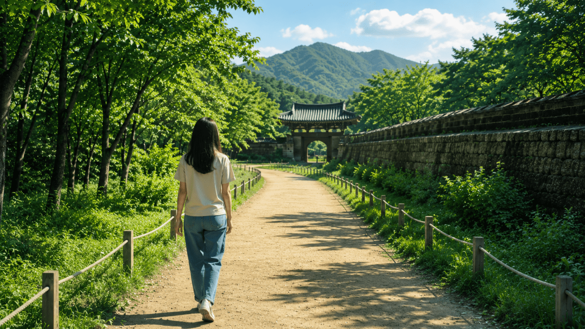 East Asian woman walking alone along a quiet forest path toward a historic gate, symbolizing recovery from burnout, reflection, and a healthier pace of life.