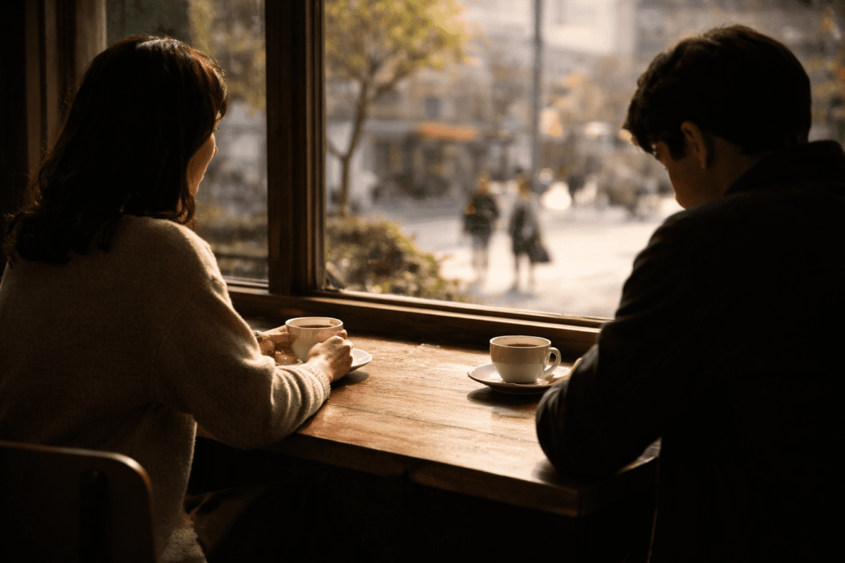 Two people at a cafe window — synastry compatibility and different timing