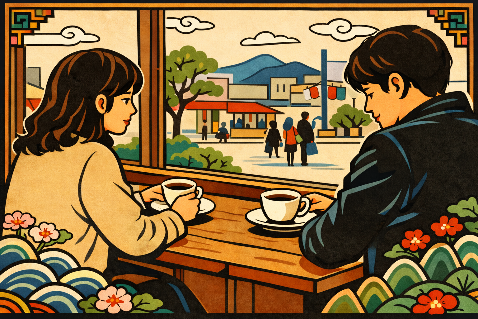 Couple at a cafe discussing synastry compatibility and western astrology in K-Saju style.