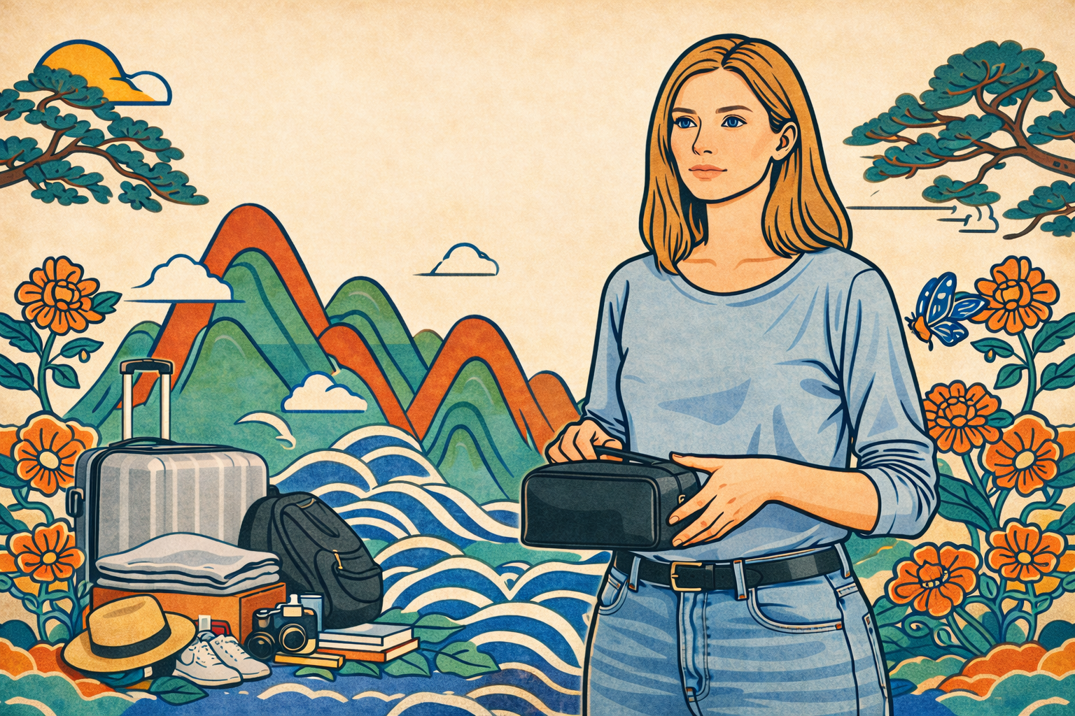 Illustrated woman holding bag with luggage and travel items in Korean folk art landscape — Metal element K-Saju