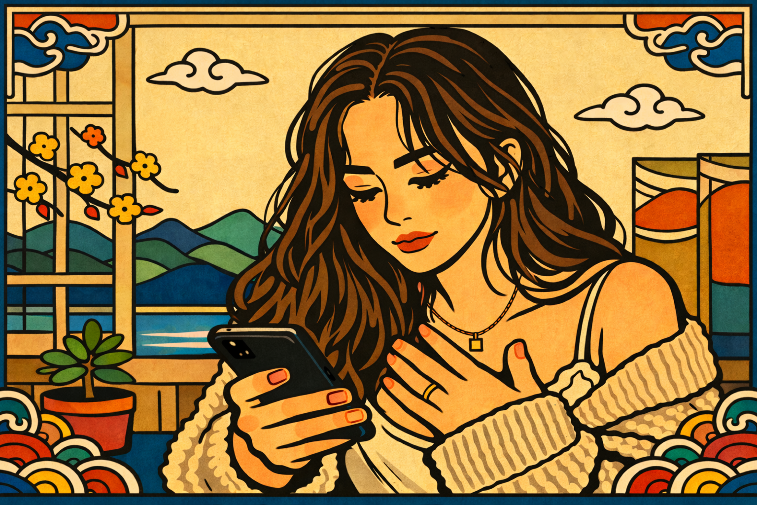 Minhwa style woman reading phone with hand on chest, autumn window light — fear of getting close to someone