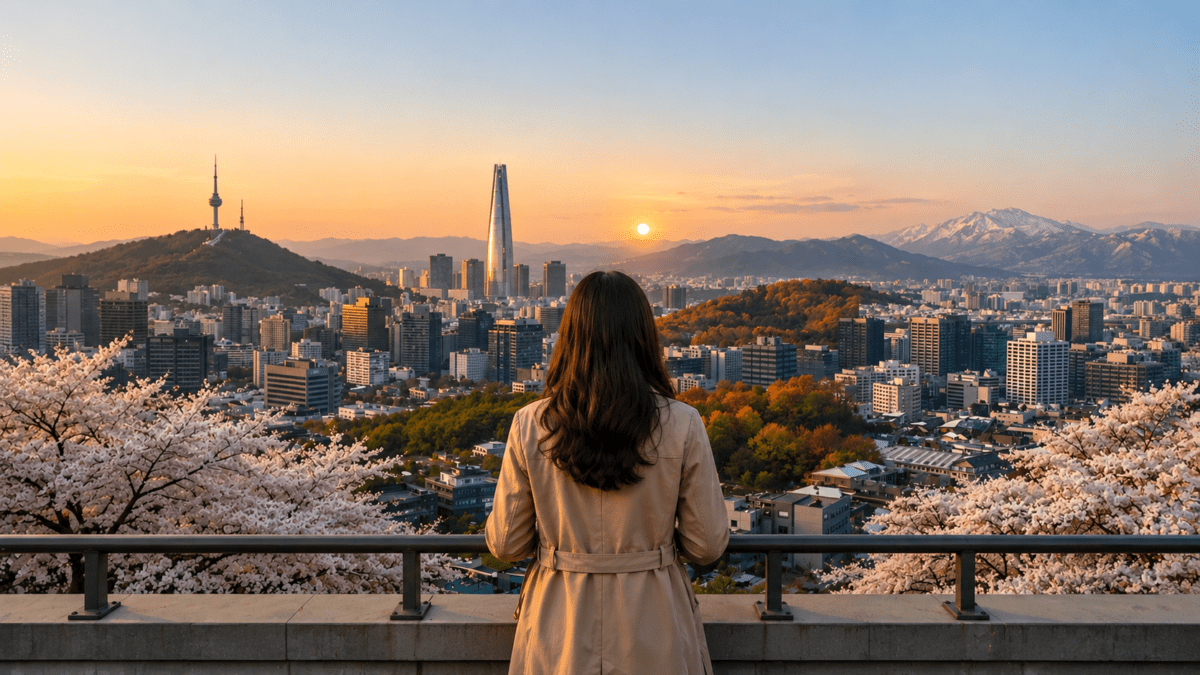 Daewoon meaning — Woman overlooking Seoul skyline at sunset — reading the decade cycle in K-Saju