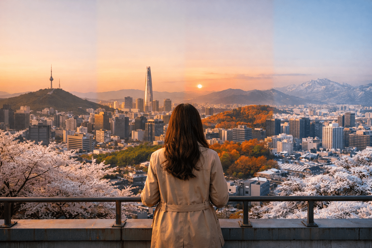 Daewoon meaning — Woman overlooking Seoul skyline at sunset — reading the decade cycle in K-Saju