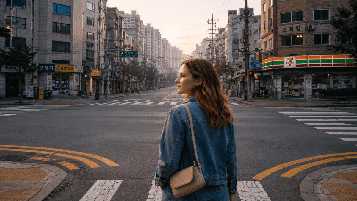 Daewoon meaning — Woman standing at a Seoul crossroads at dawn — the moment a Daewoon shift becomes visible