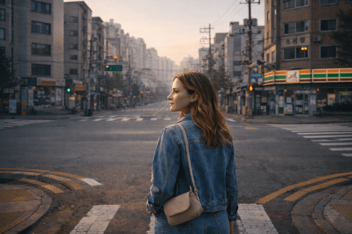 Daewoon meaning — Woman standing at a Seoul crossroads at dawn — the moment a Daewoon shift becomes visible