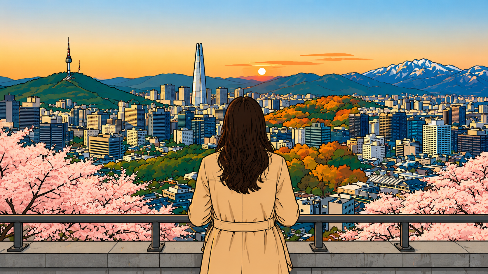 Daewoon meaning — Woman overlooking Seoul at sunset — the 10-year cycle in K-Saju nobody told you about