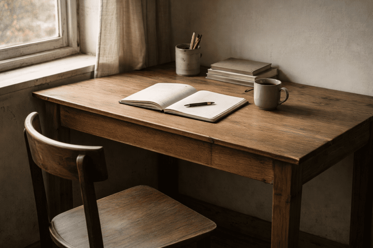Wooden desk with open notebook — yin yang internal restructuring K-Saju