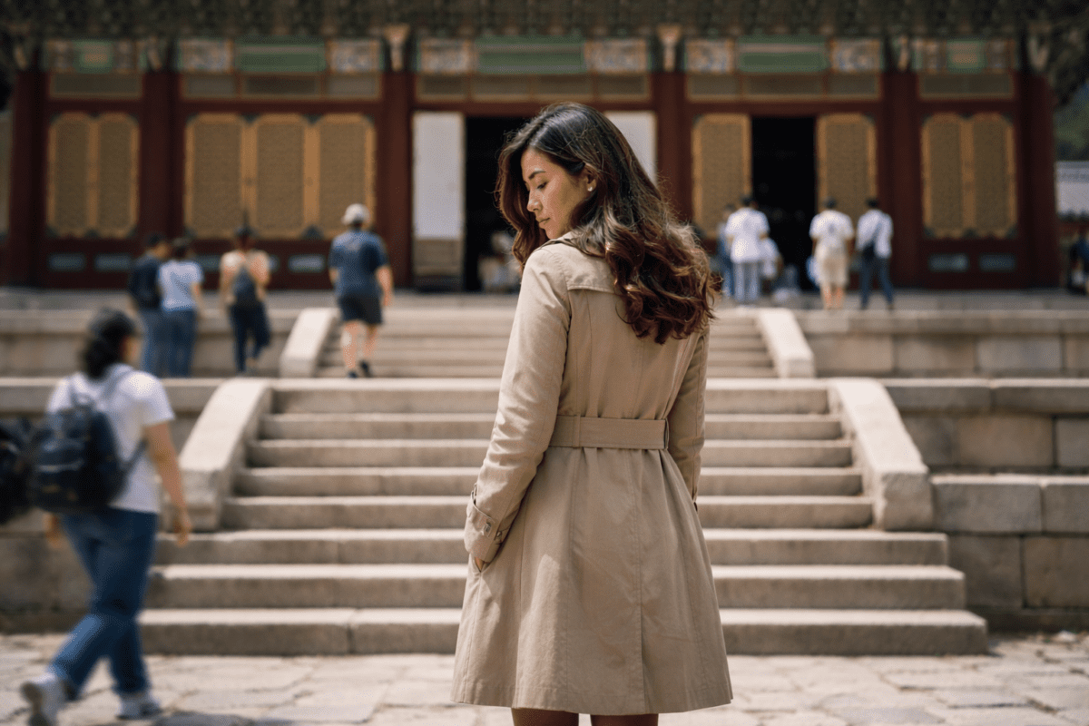 drifting from friends — woman standing apart from a crowd at a Korean palace, looking down