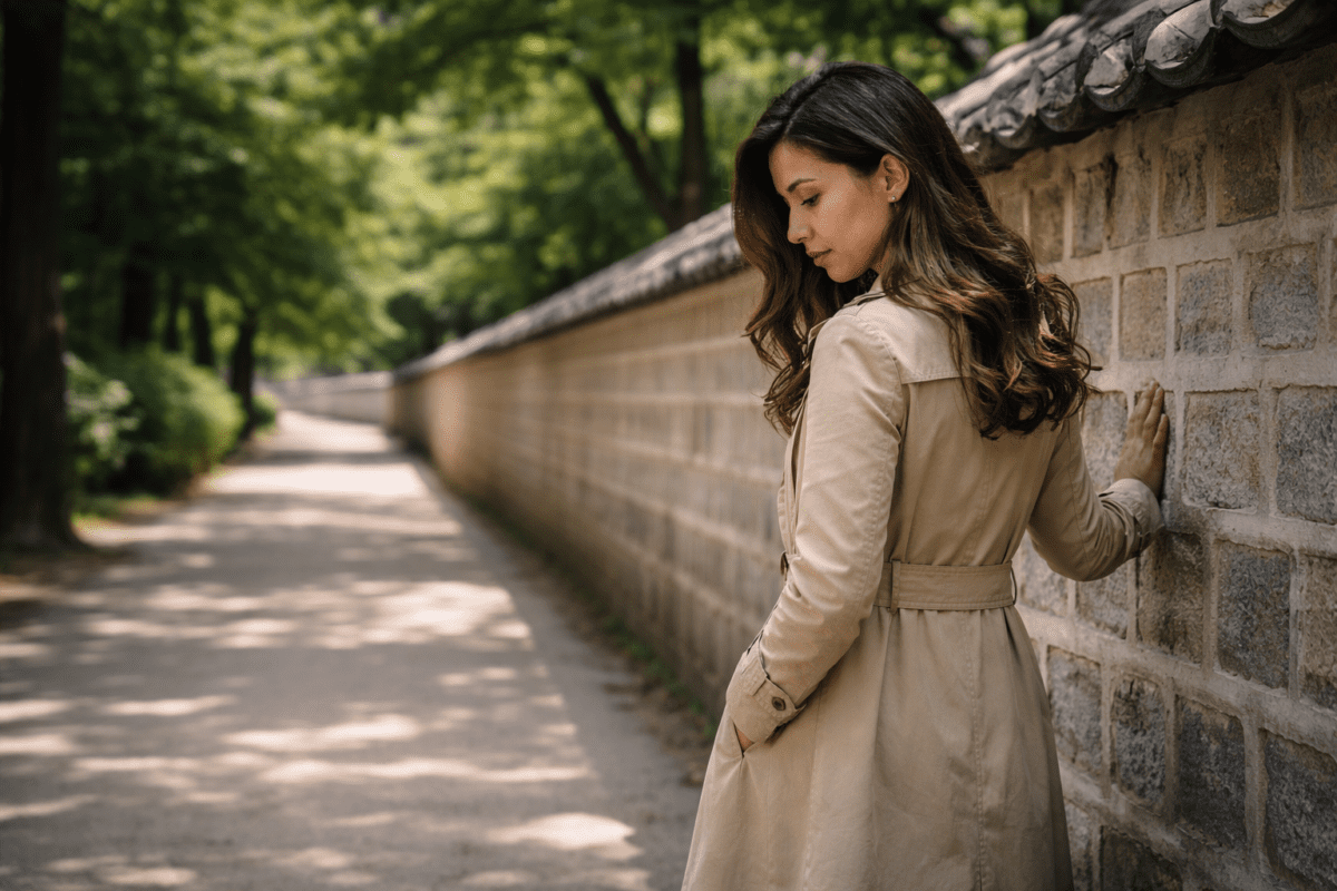 drifting from friends — woman leaning against a Korean stone wall alone, looking down