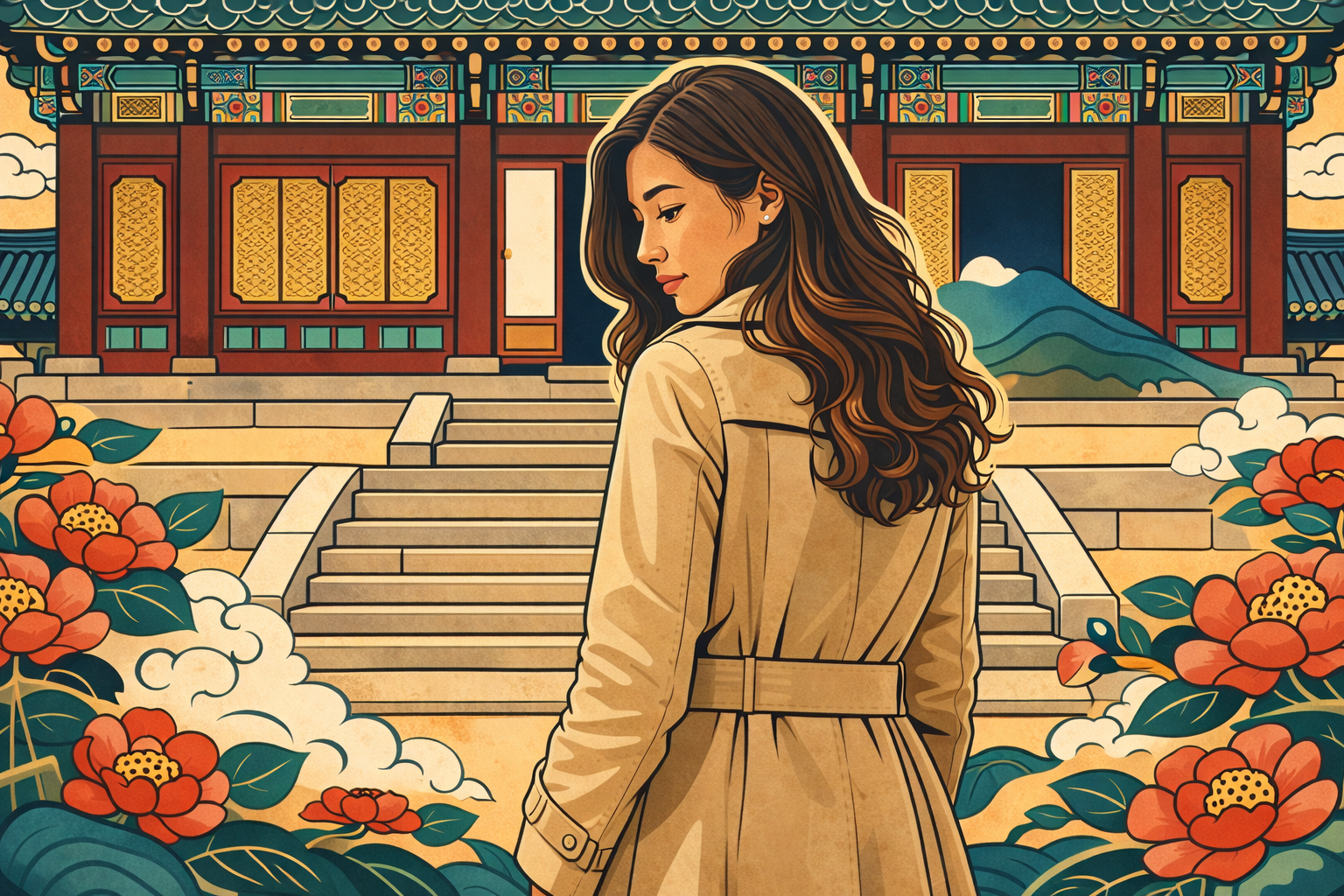 drifting from friends — Korean minhwa style woman standing alone before a palace, peonies around her