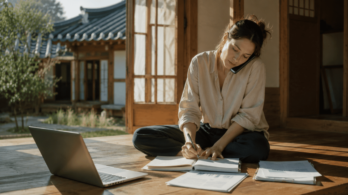 Earth element K-Saju — woman calmly multitasking on a traditional hanok wooden floor